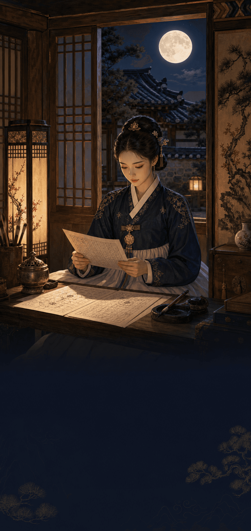 한옥 서재에서 사주 명반을 읽는 서화아씨